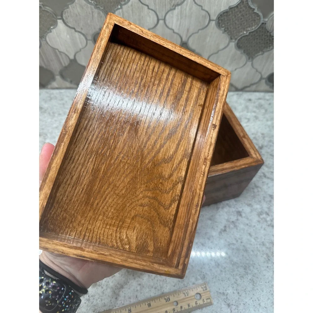 Vintage Handmade Solid Oak Wood Keepsake Box with Lid Rectangular Storage